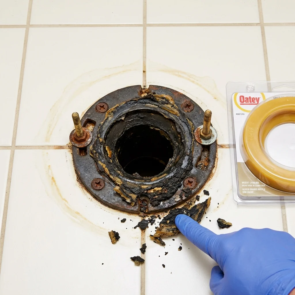 Failed wax ring showing water seepage at the base of a toilet in a Lebanon, IN home