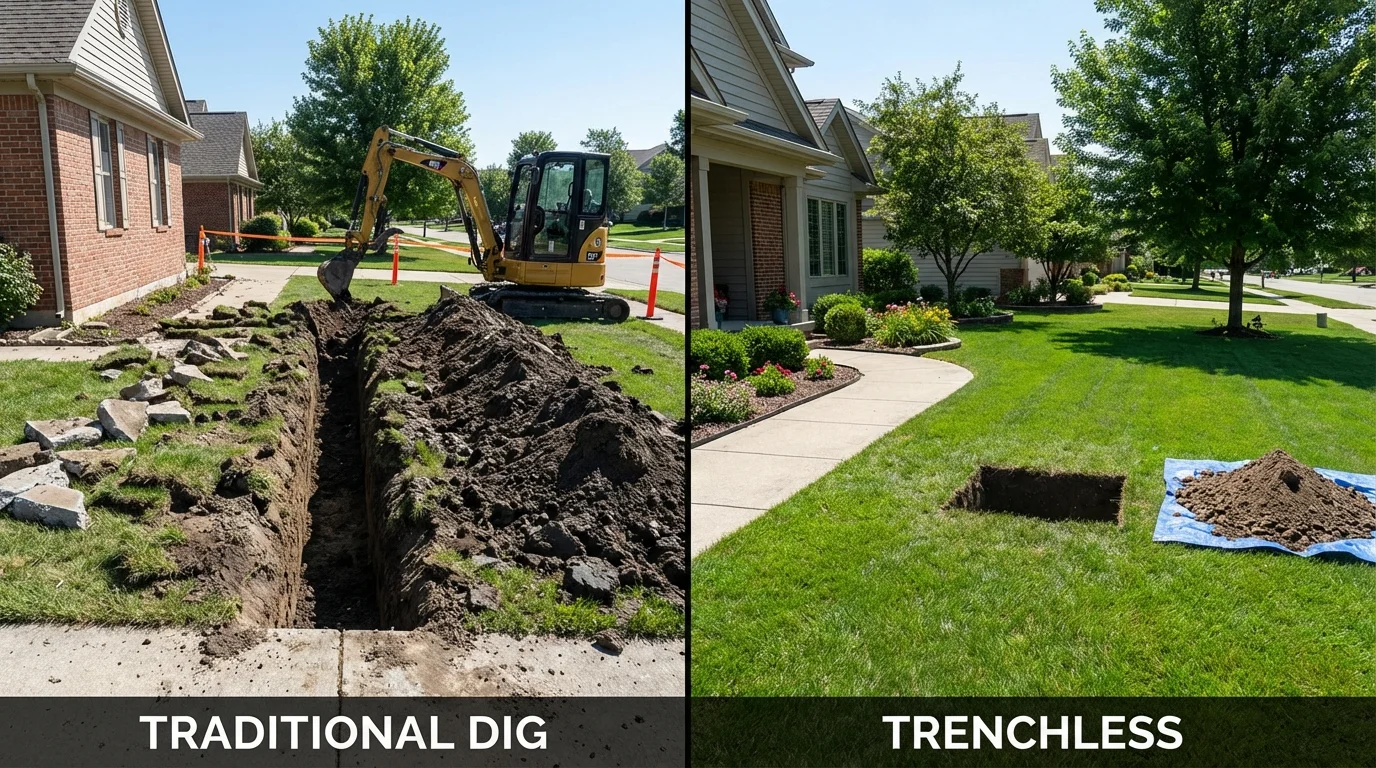 Trenchless sewer repair with minimal yard damage versus traditional excavation in Lebanon, IN