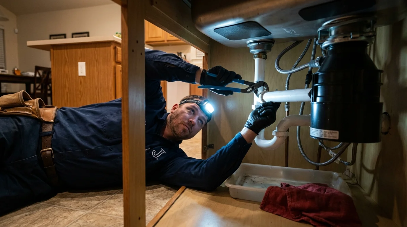 P-trap and supply line connections under a kitchen sink showing a common leak point in Lebanon, IN